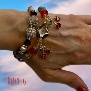 Red and Gold Crystal Cherry 🍒 Charm Bracelet Set